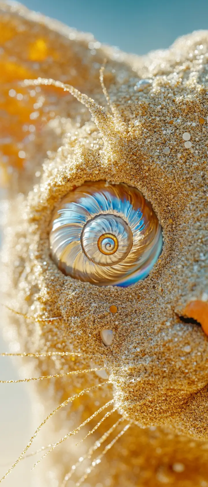 Surreal sand cat face with seashell eyes on beach