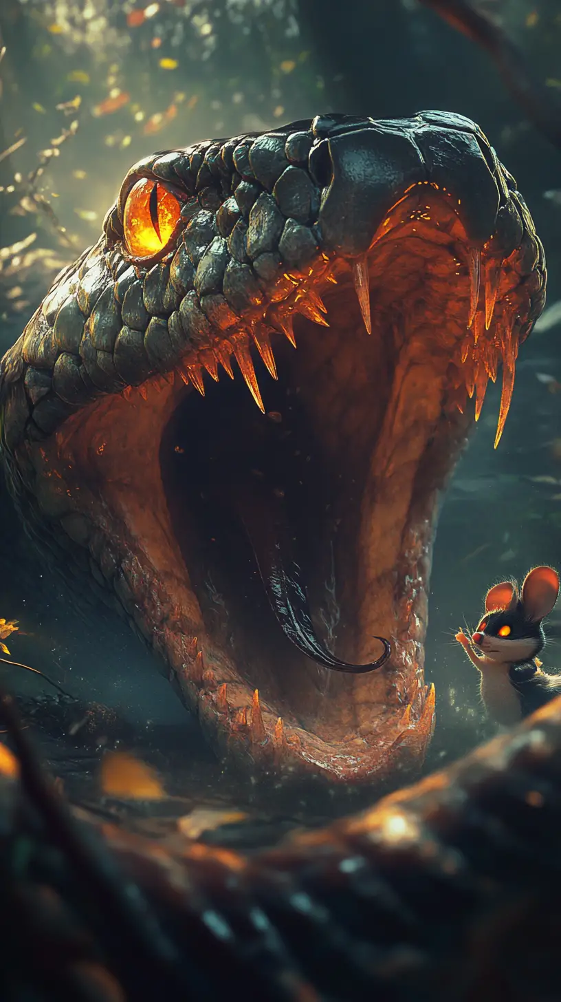 Chibi mouse greeting inside the open jaws of a snake