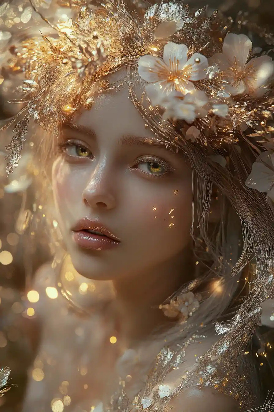 Golden floral queen standing in an ethereal fantasy garden
