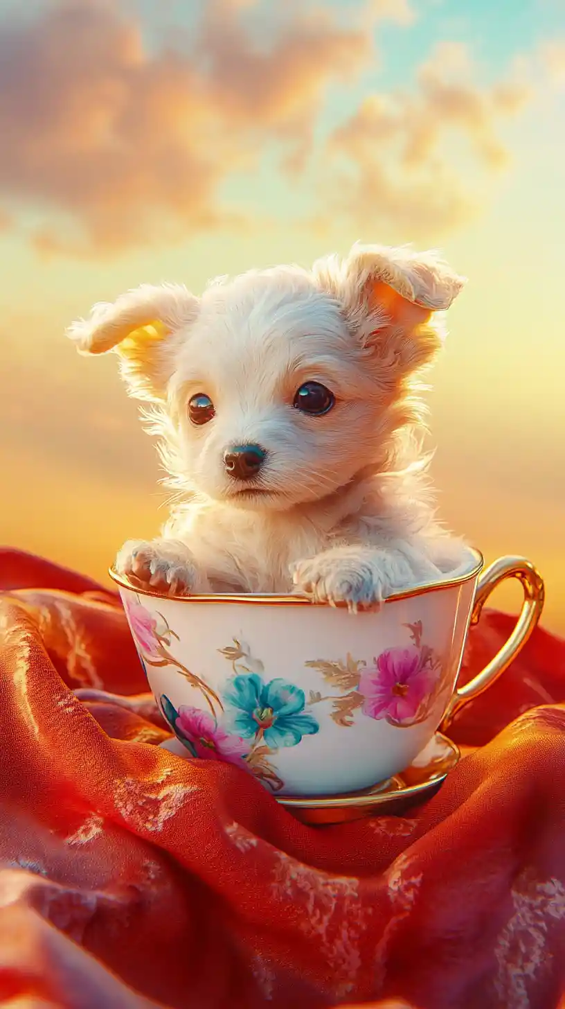 Joyful tiny puppy sitting in a floral tea cup