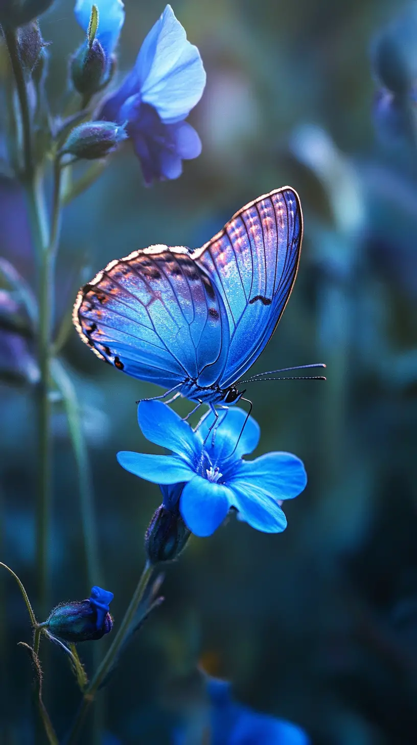 Blue butterfly resting on a flower in green landscape