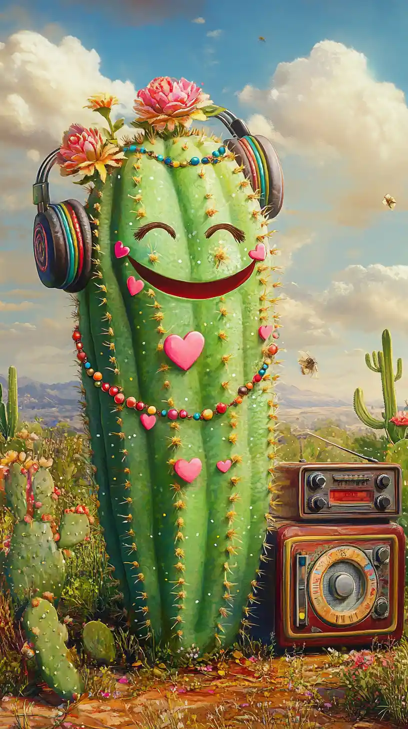 Smiling green cactus with headphones in desert scene