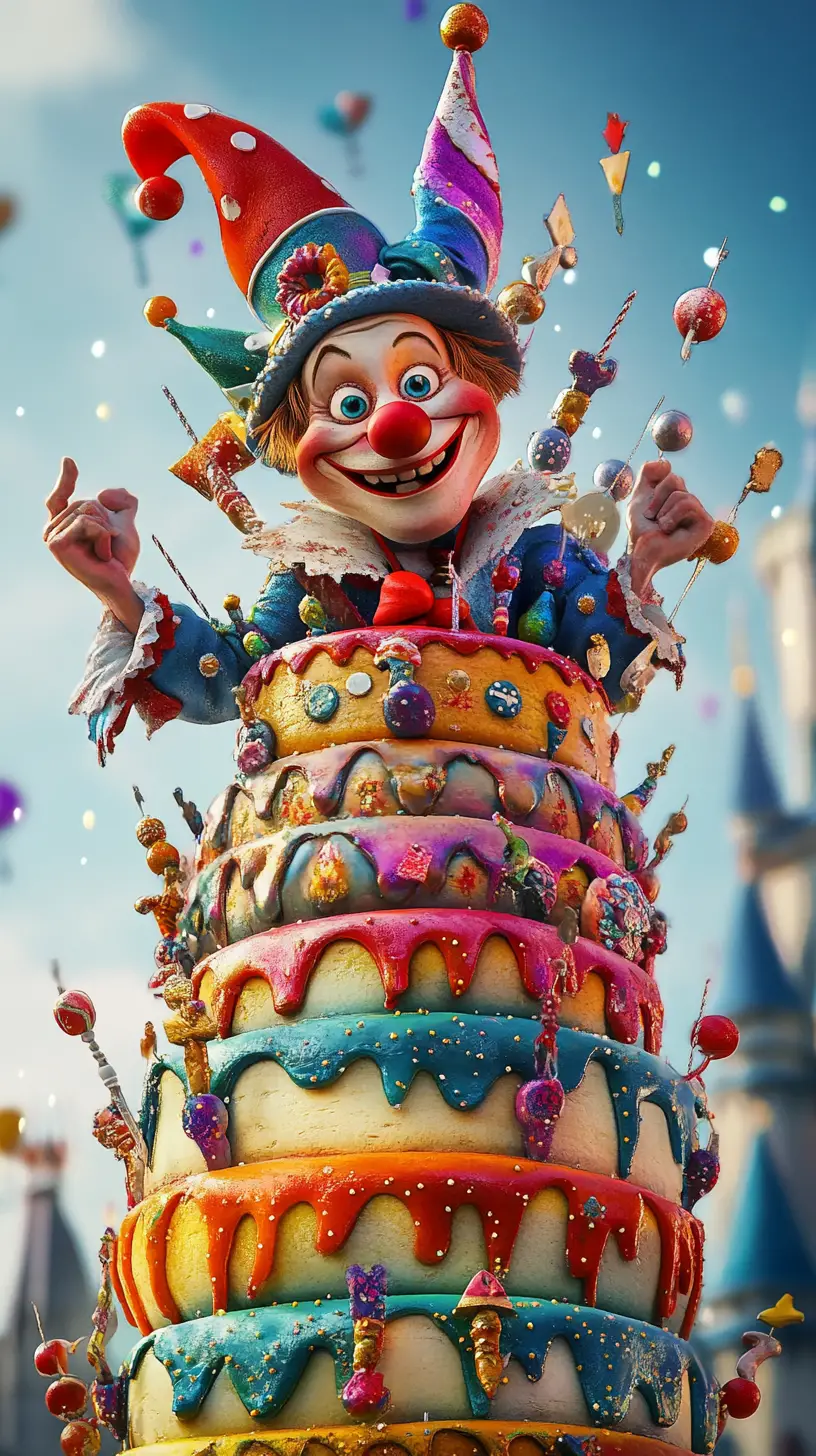 Colorful layered cake with a jester in a fantasy castle