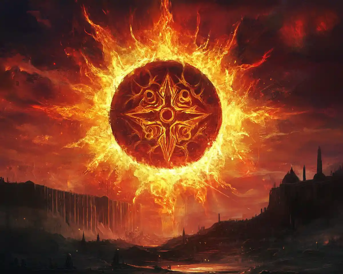 Soleil ardent avec symbole ancien projetant de longues ombres dramatiques