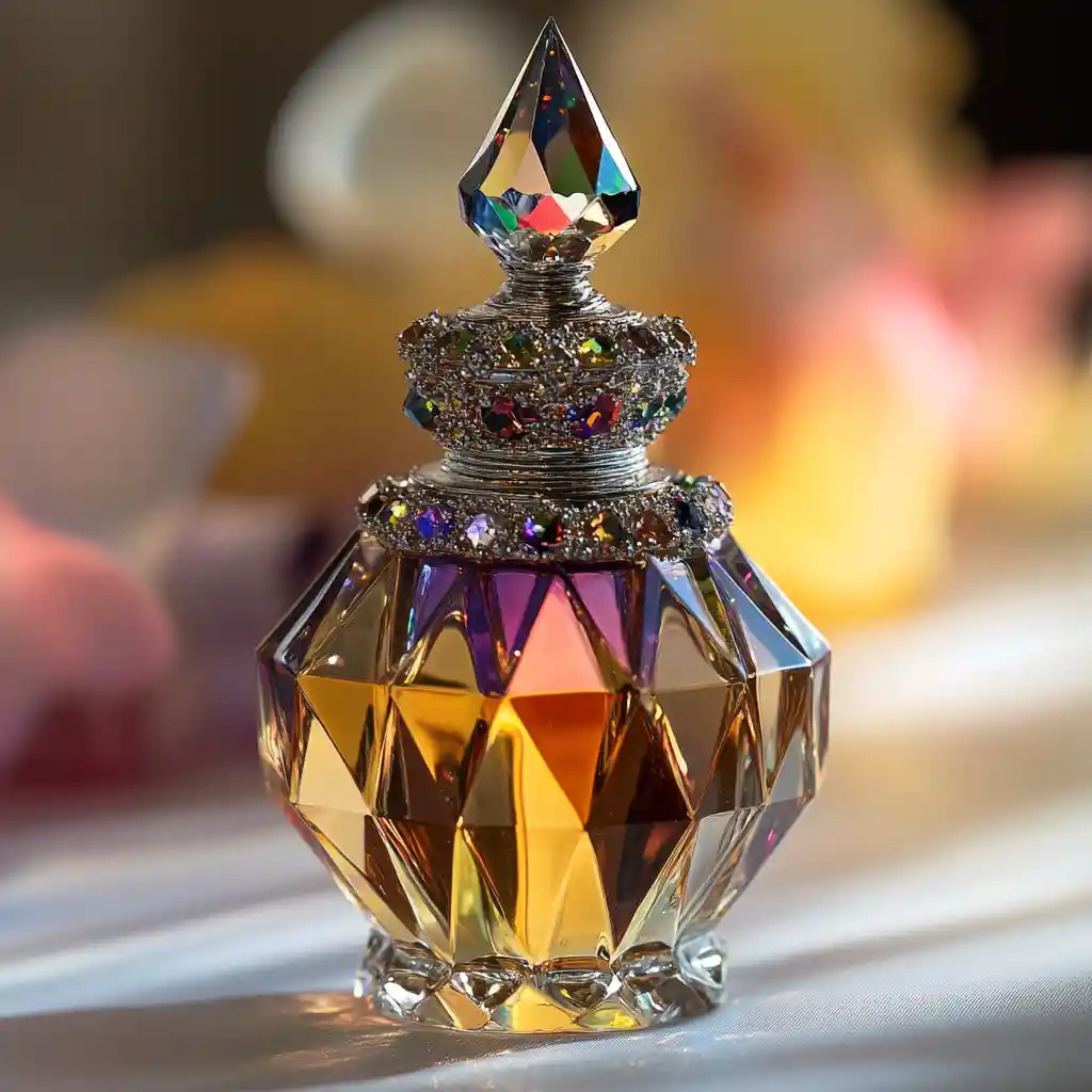 Faceted crystal vial holding iridescent hobelyiana essence