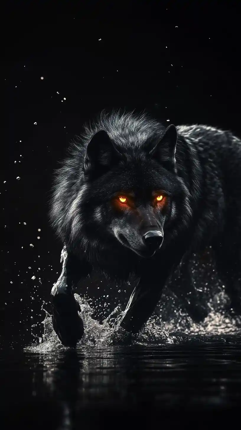 Majestic black wolf walking through dark reflective water