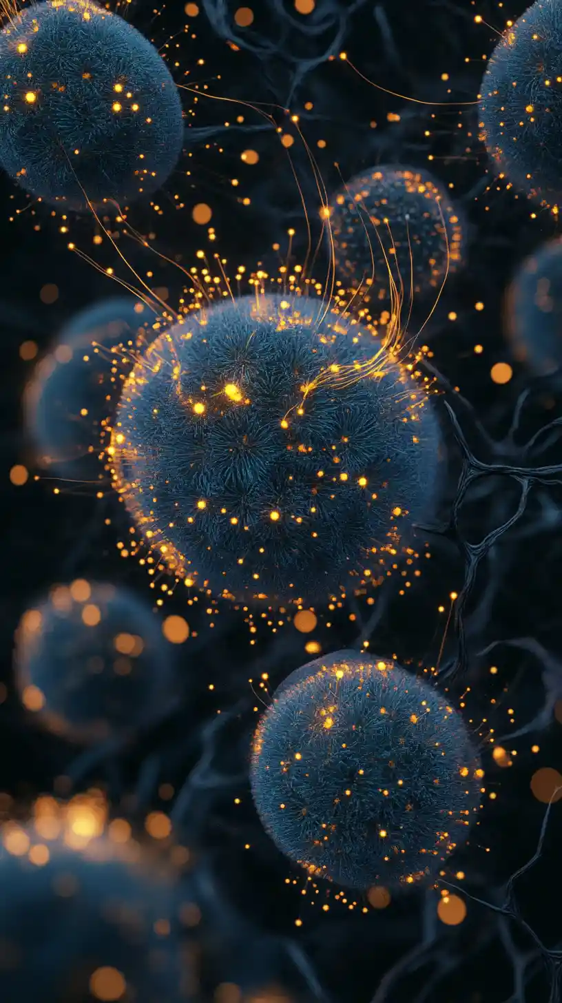 Teal pom pom flower clusters with glowing golden filaments