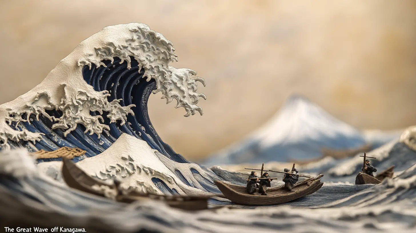 Macro close up of a handcrafted great ocean wave miniature