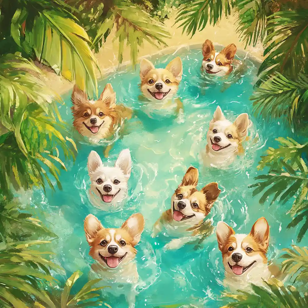 Adorables chiens nageant ensemble dans une piscine tropicale