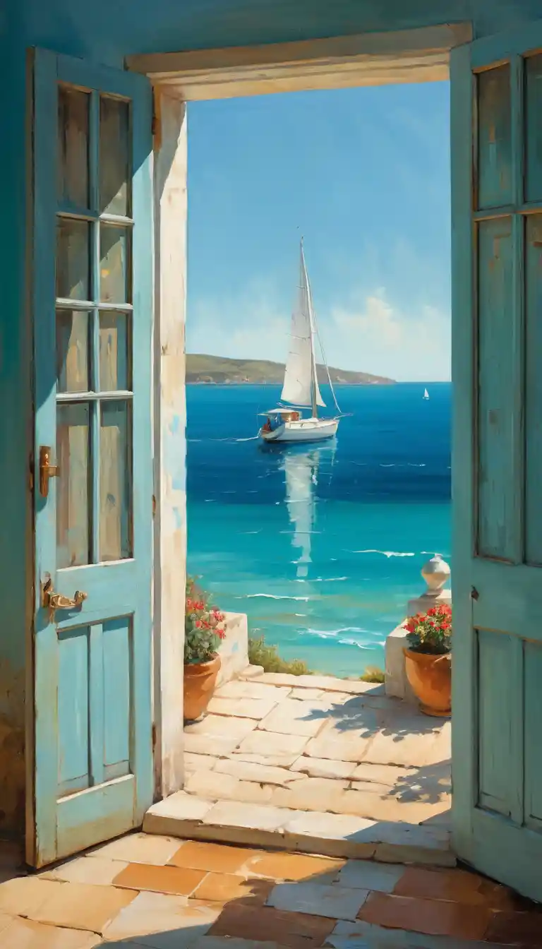 Romantic turquoise sea view through weathered open doors