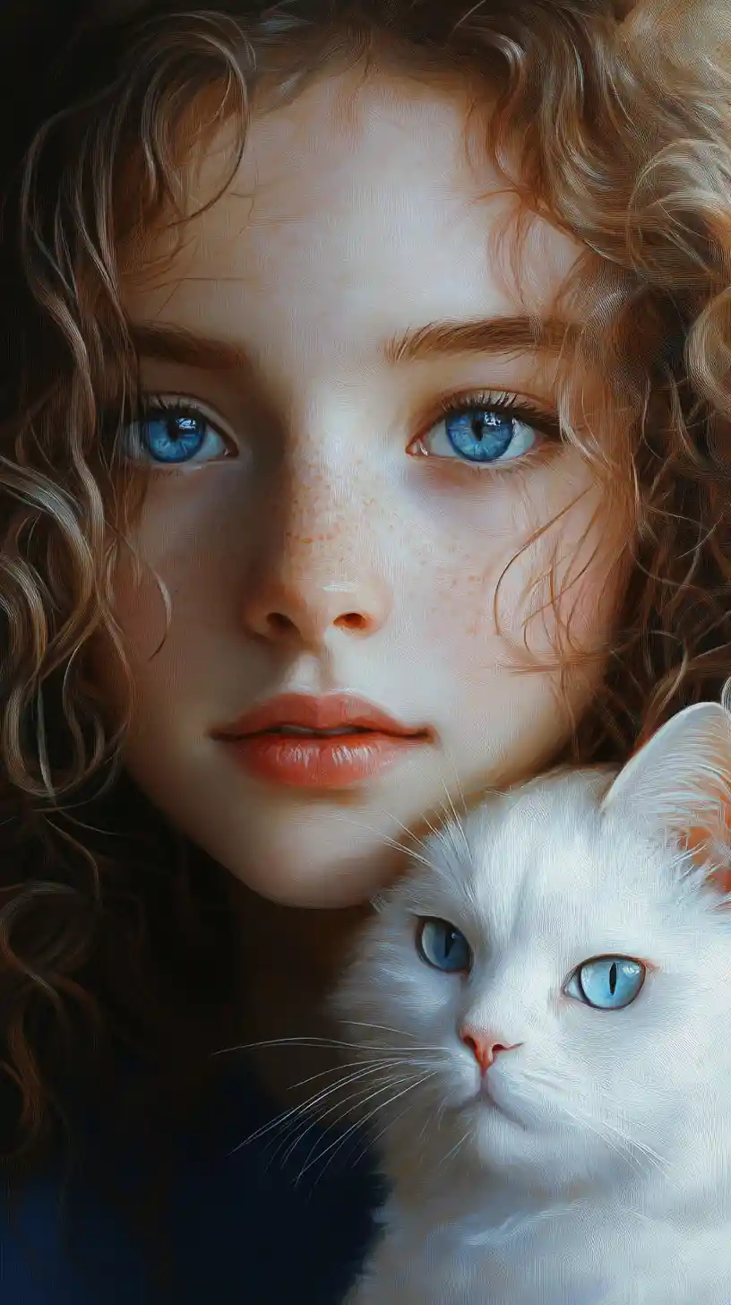 Young girl cuddling a white blue eyed cat portrait