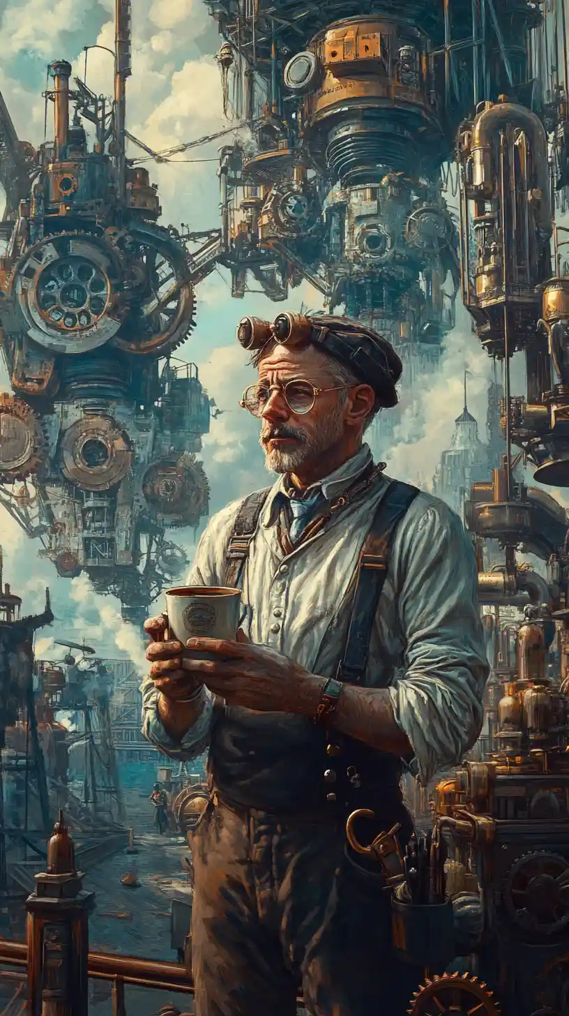 Industrial worker with wrench and coffee in front of factories