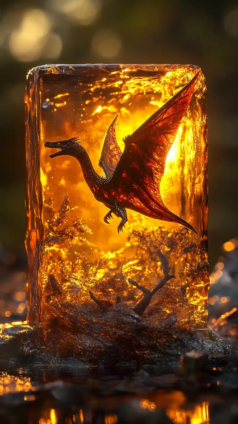 Jurassic pterodactyl fossil encased in glowing amber