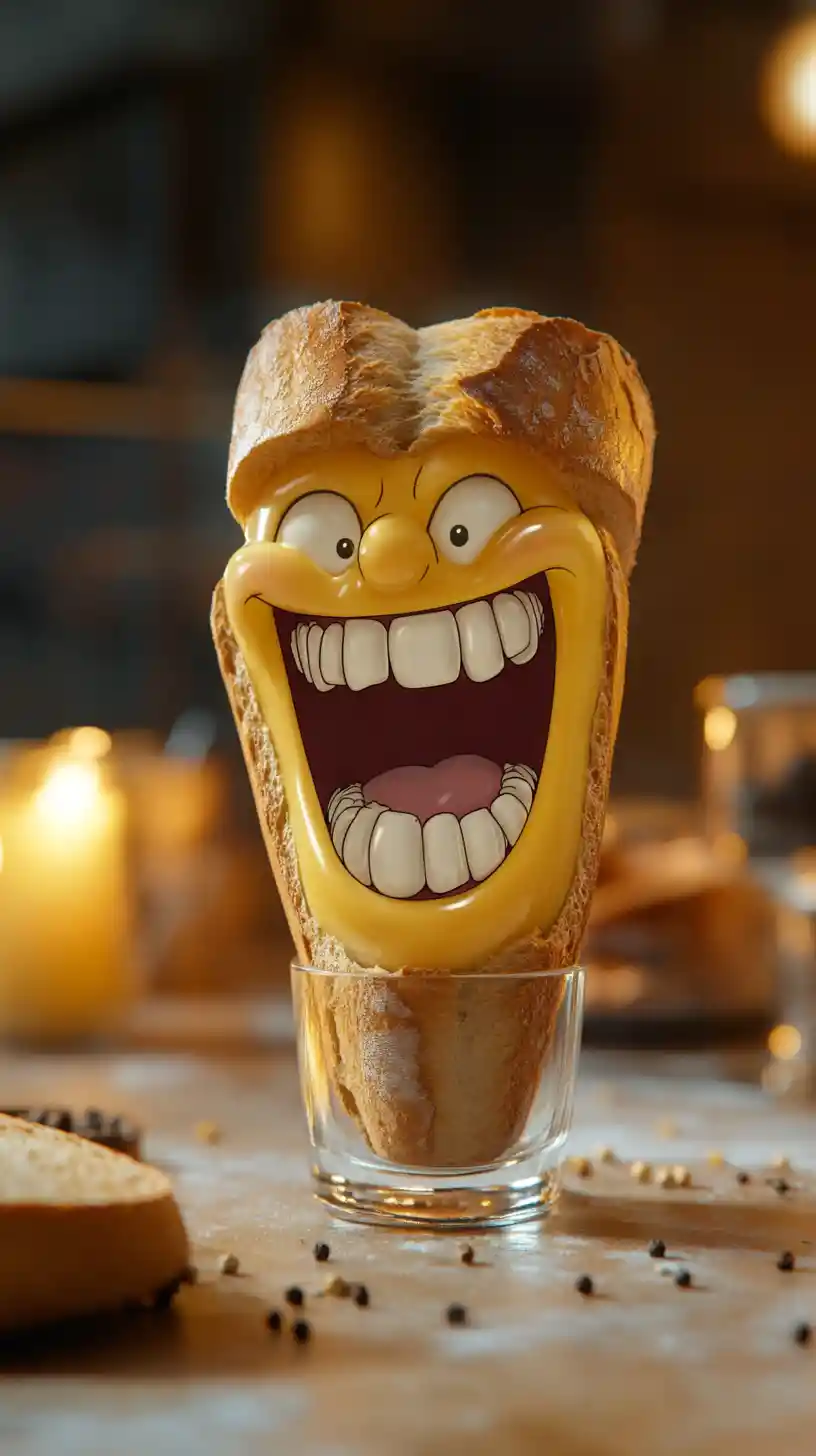 Laughing baguette with glasses inside a mustard glass