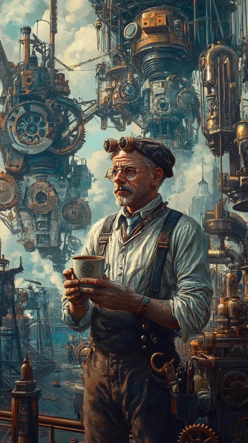 Industrial worker with wrench and coffee in front of factories