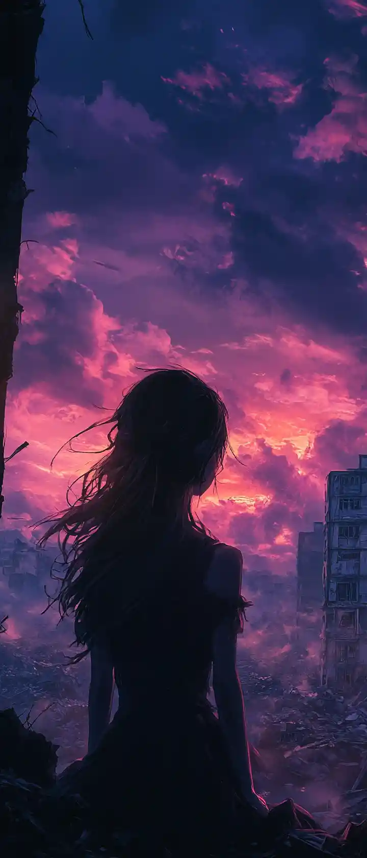 Anime princess gazing over ruined city at sunset