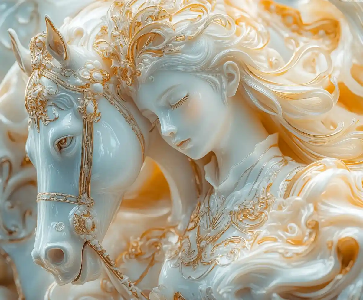 Golden armored woman beside a glowing porcelain steed