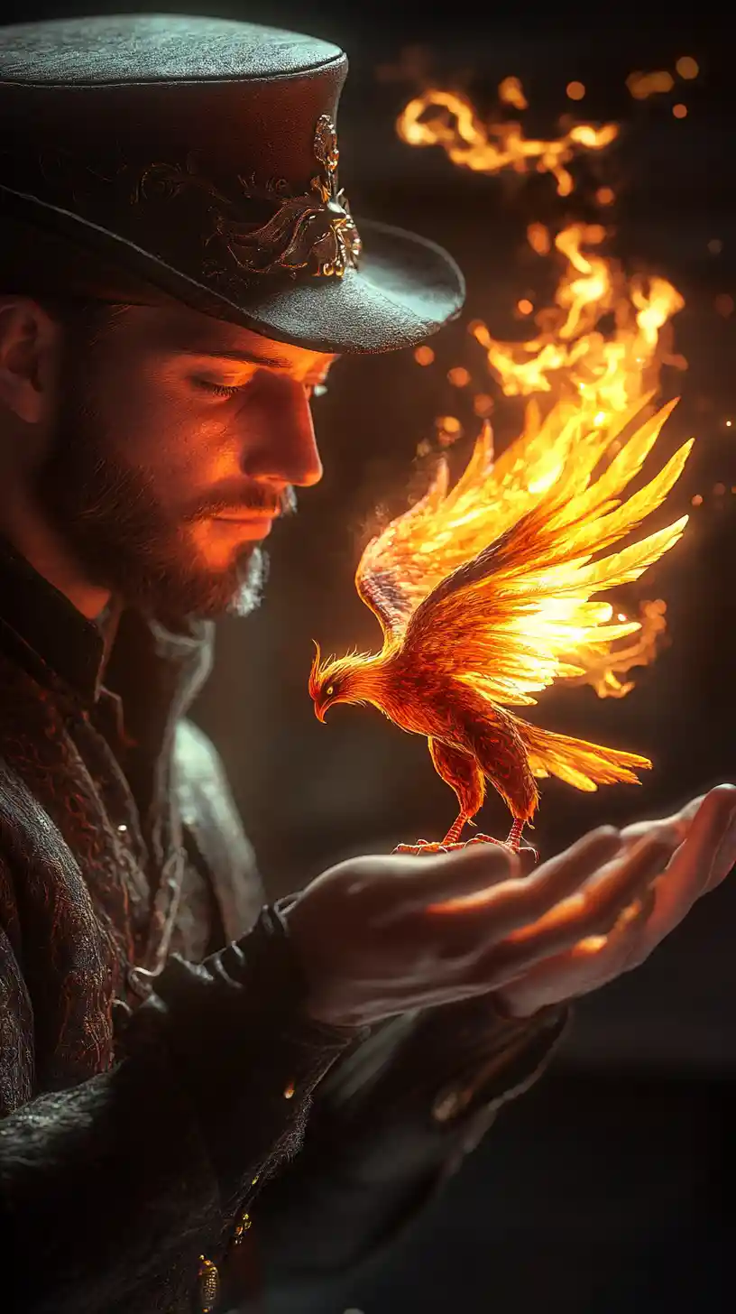 Man Holding A Colorful Phoenix In His Hands