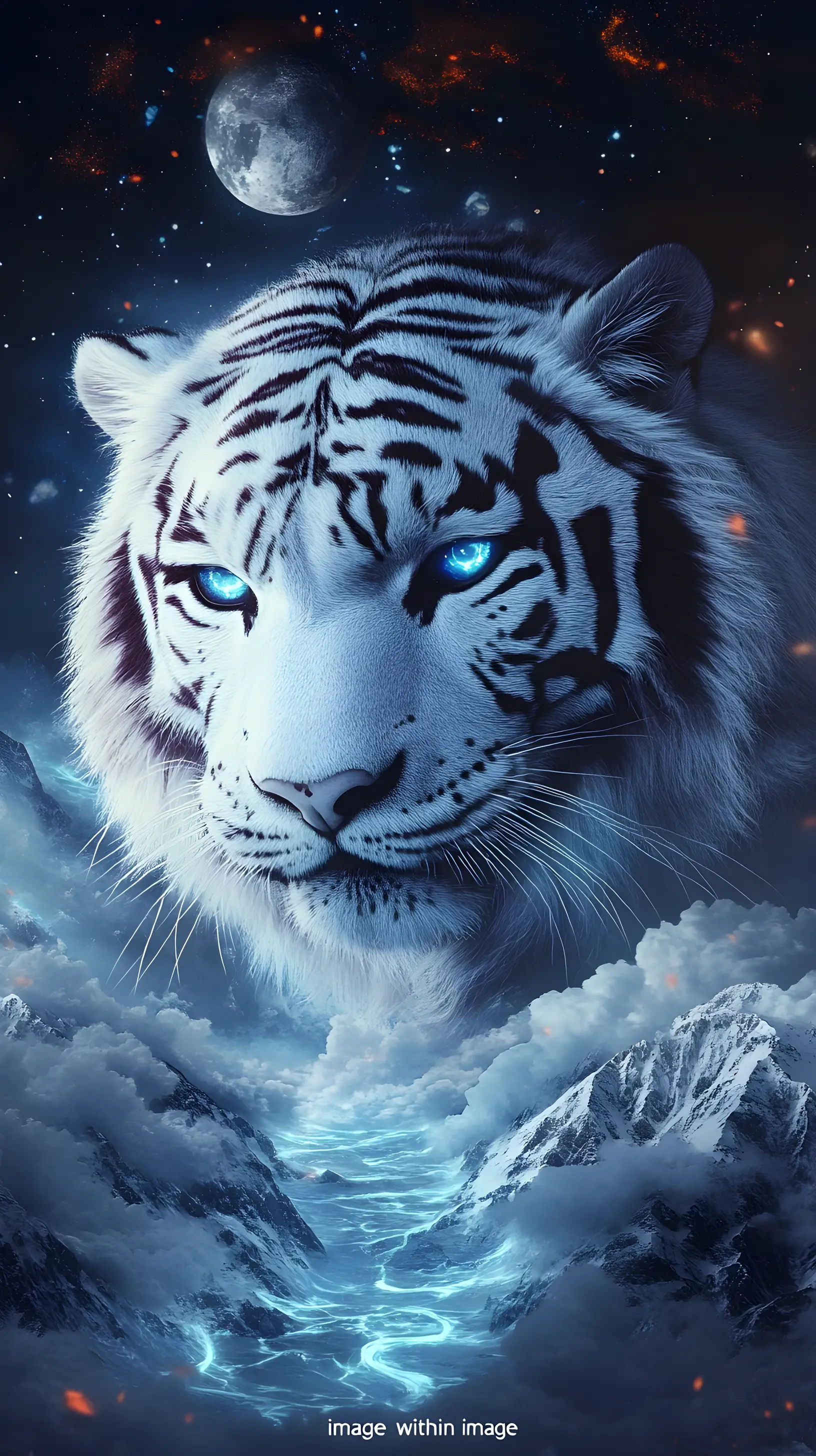 Celestial White Tiger Face Above An Arctic Cosmic Landscape