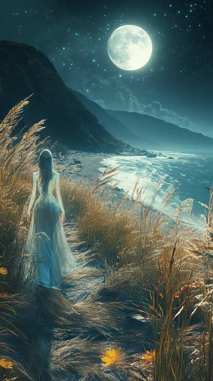 Ethereal glass woman in a moonlit fantasy landscape