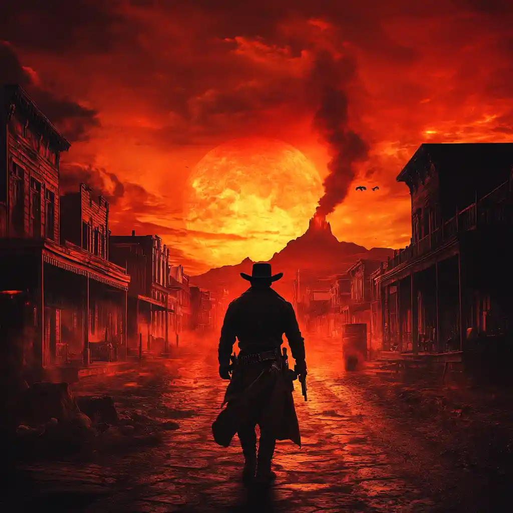 Gunslinger Standing At A Fiery Hellish Western Crossroad