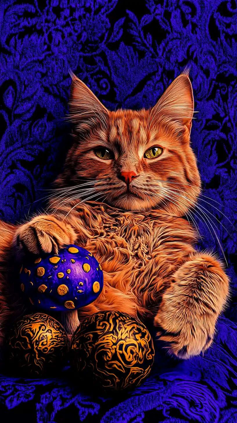 Pink fantasy cat playing with a psychedelic mushroom