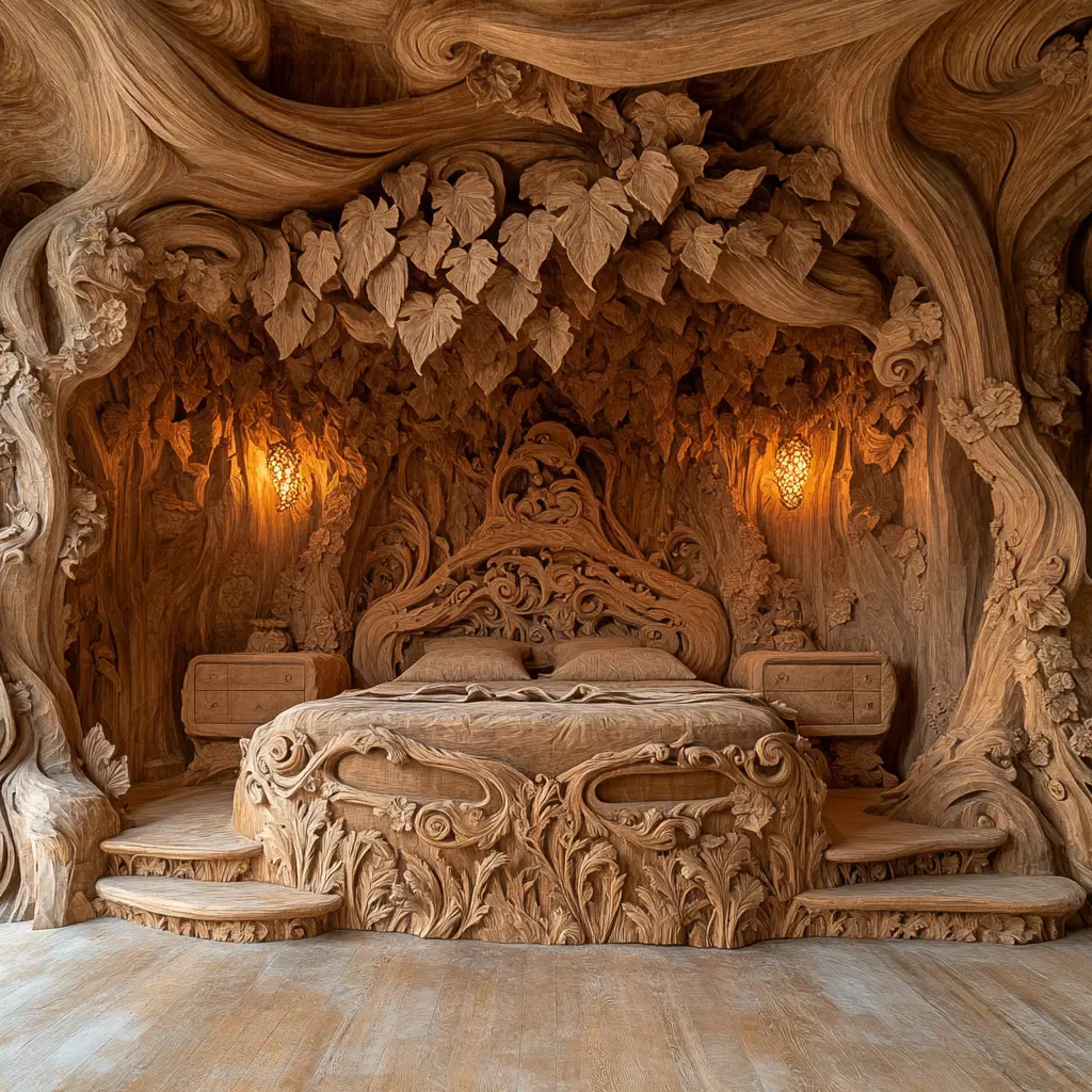 Carved Wooden Bedroom In Elaborate Forest Inspired Design