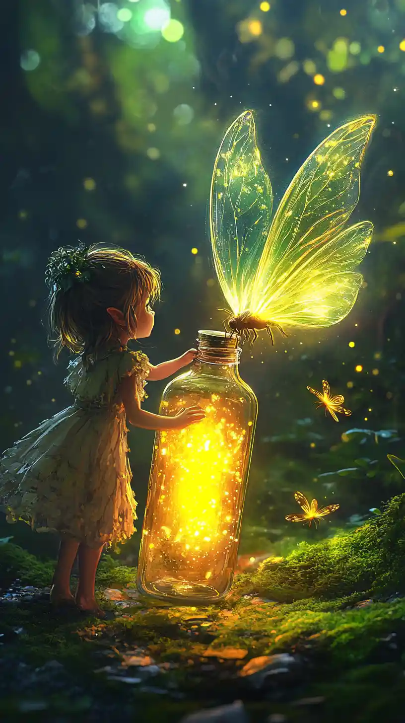Tiny fairy with glowing bottle in enchanted forest