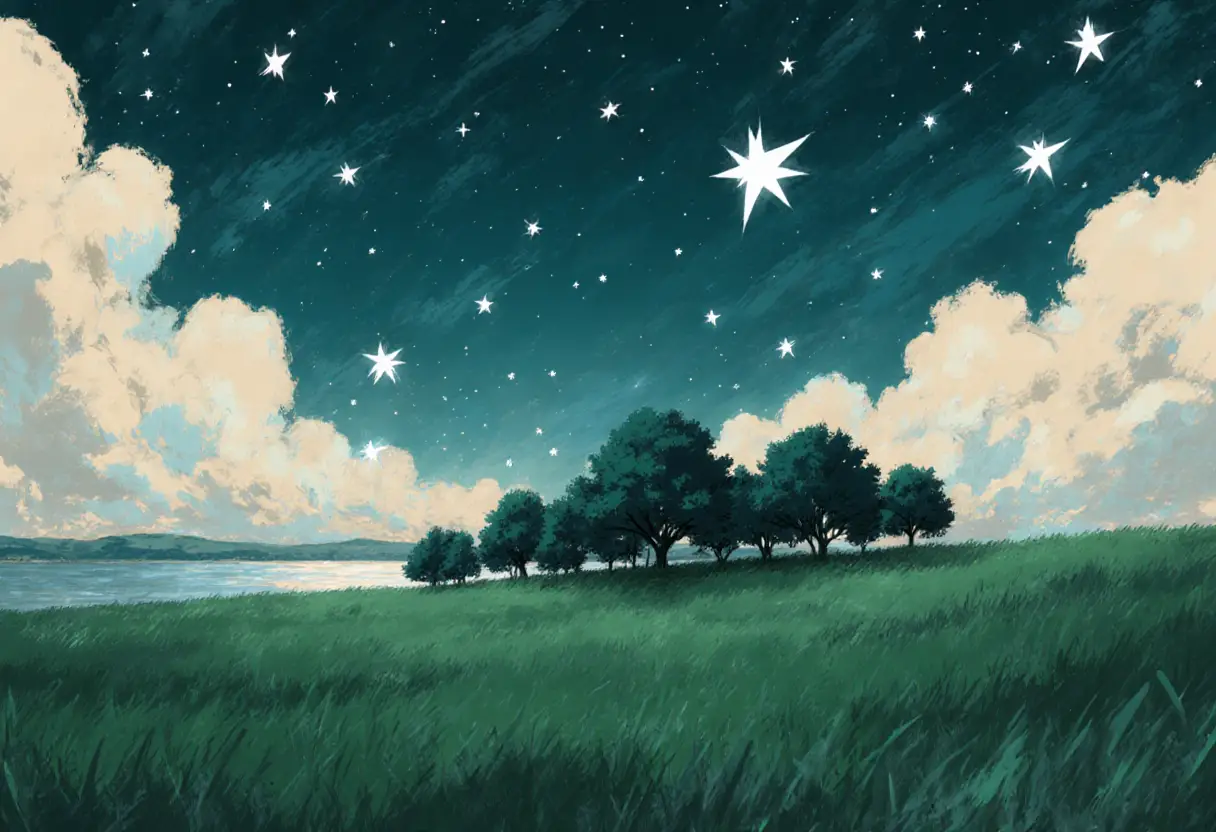 Céu noturno estrelado sobre um tranquilo campo verde no interior
