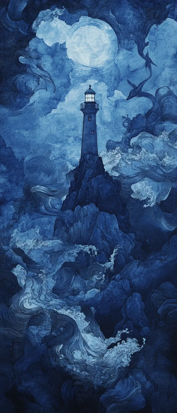 Surreal Tarot Style Lighthouse And Ocean Creatures Illustration