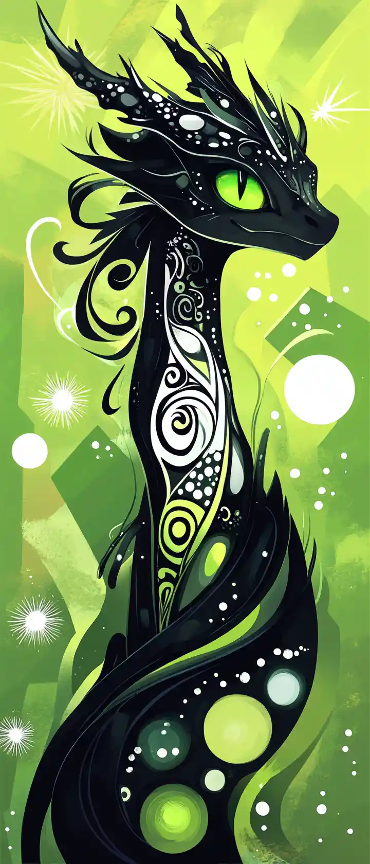 Playful black dragon with neon green eyes on bright background