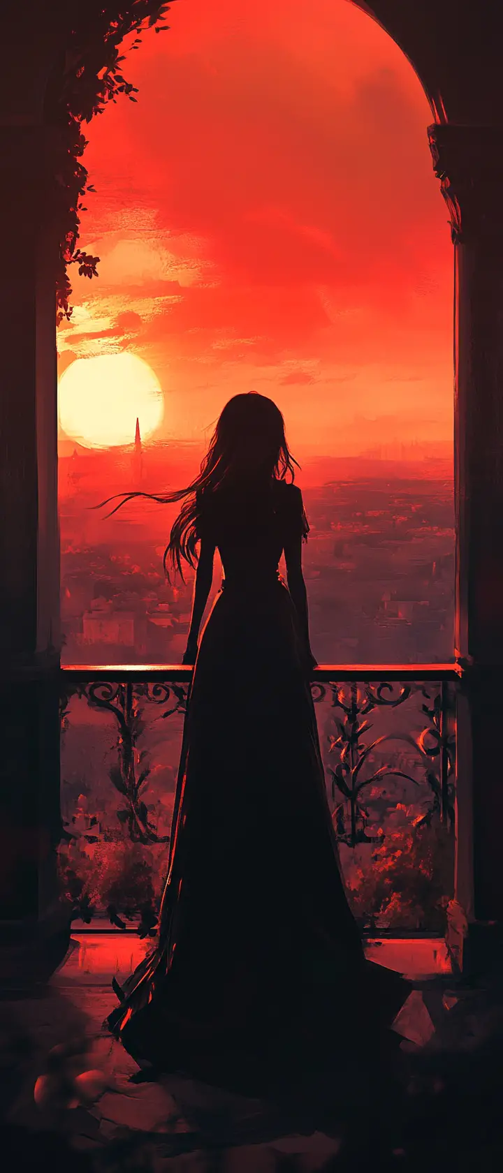 Anime vampire woman on balcony at dusk