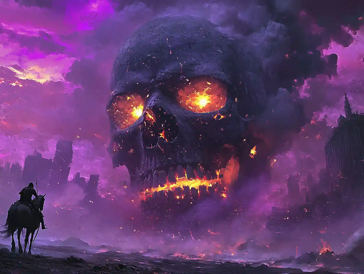 Giant Glowing Skull Above Warrior In Ruined Wasteland