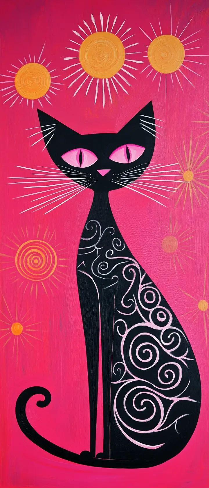 Stylized black cat with pink eyes on bright pink background
