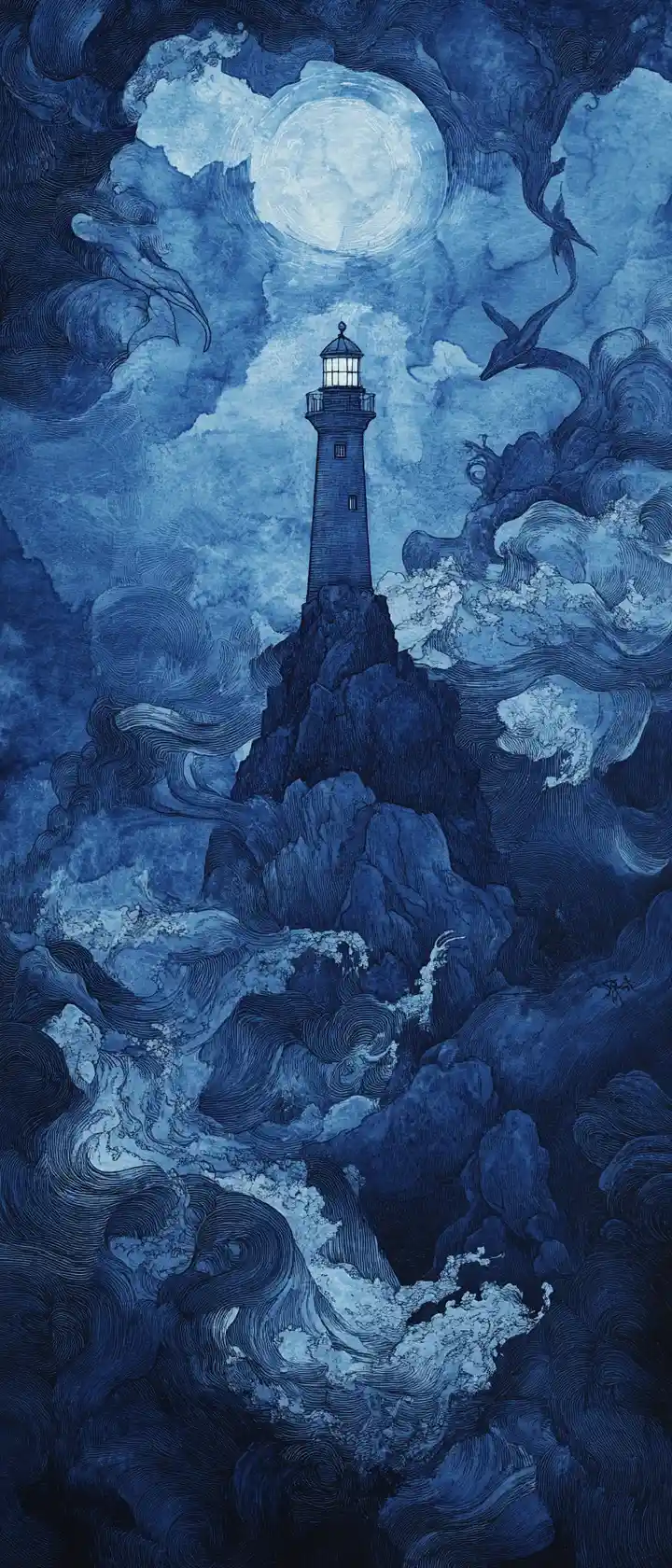Surreal Tarot Style Lighthouse And Ocean Creatures Illustration
