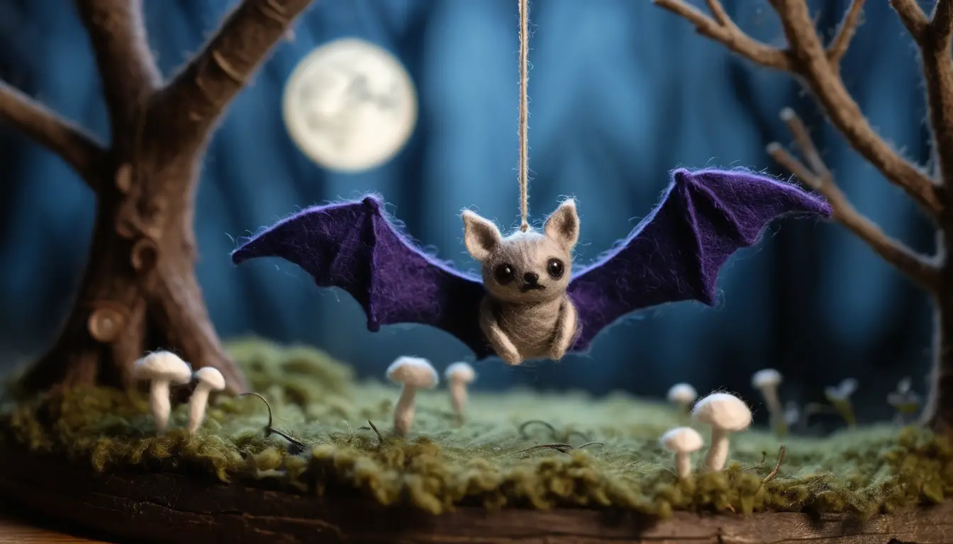 Felt Bat Hanging From Tiny Branch In Twilight Diorama
