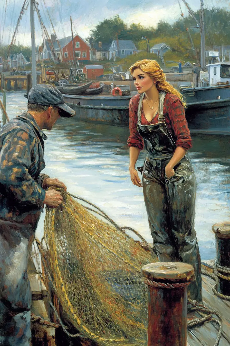Woman in yellow slickers on a tugboat in harbor