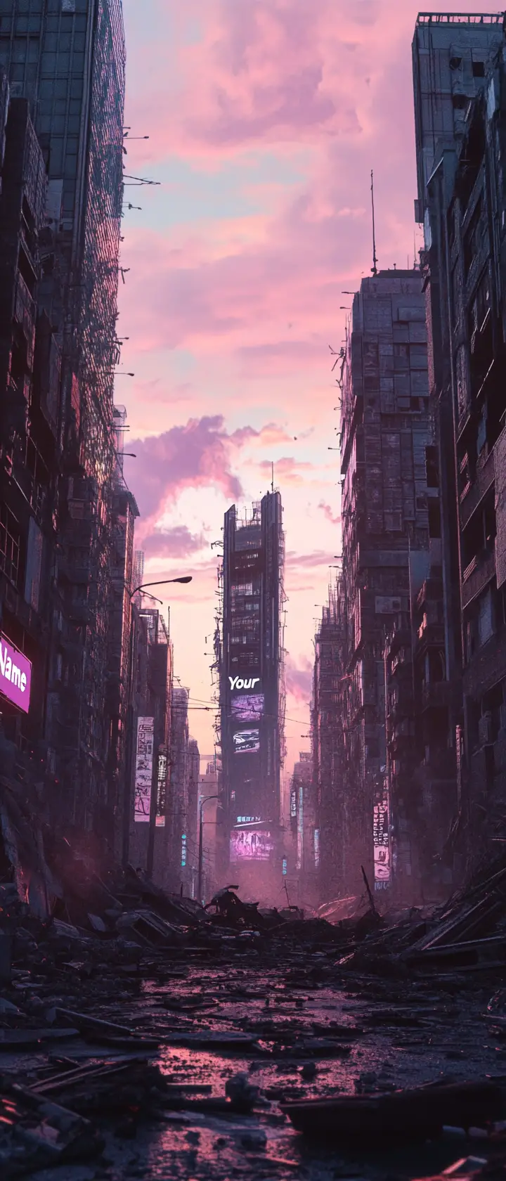 Cinematic view of a ruined city street at twilight