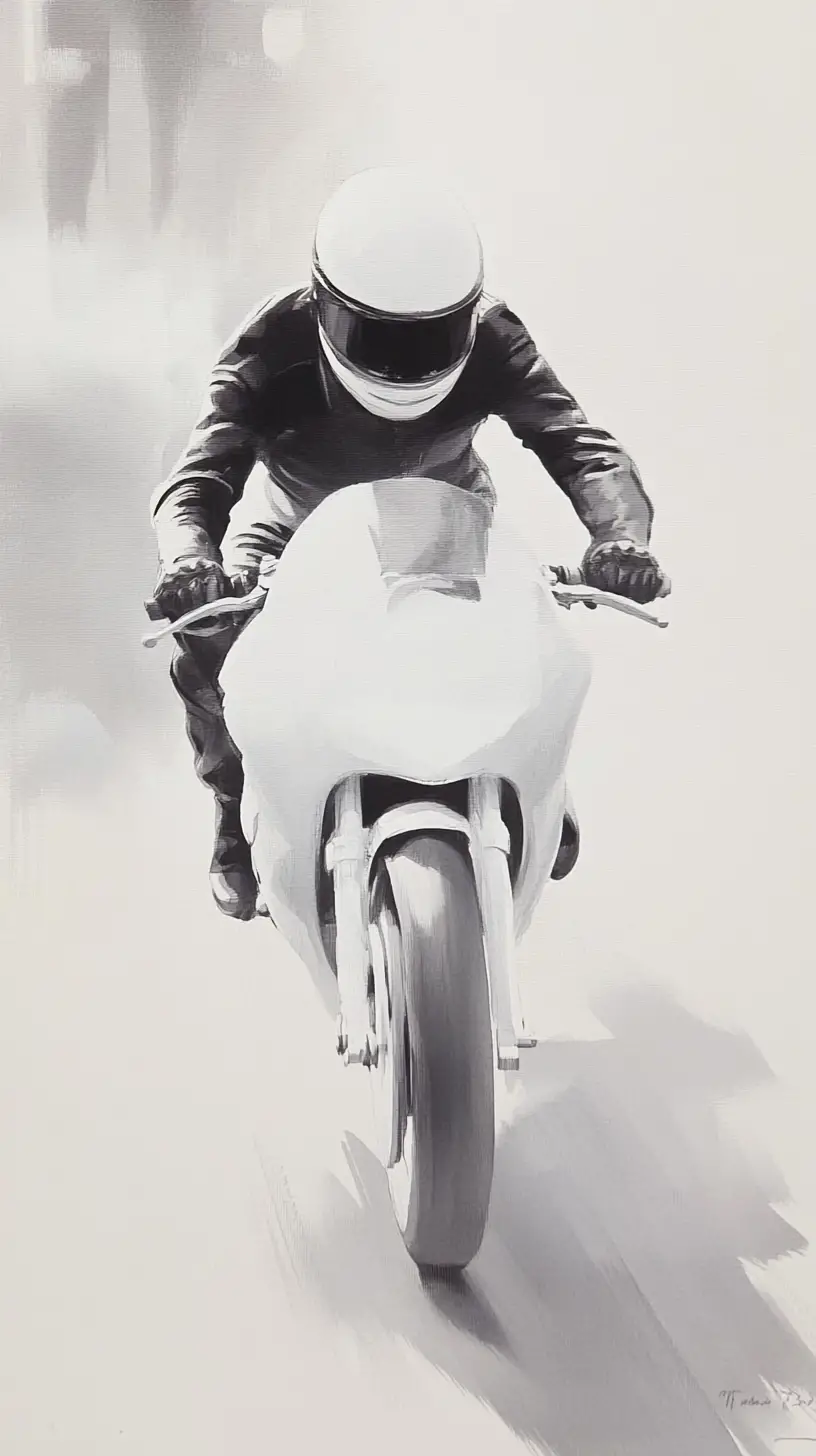 Vintage motorcyclist racing along a winding monochrome track