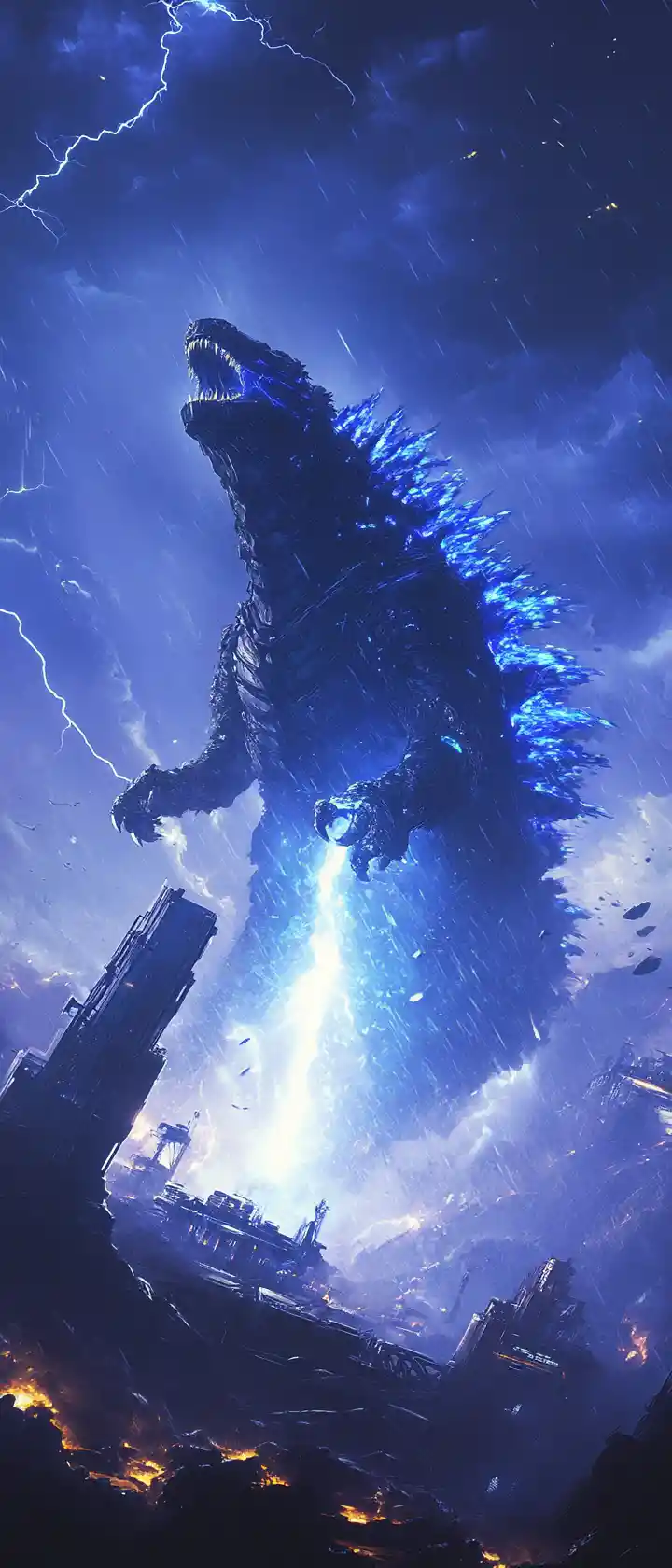Futuristic space station and godzilla breathing blue flames