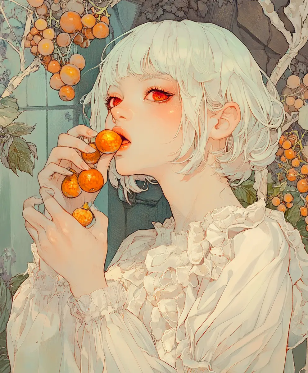 Mint haired girl with glowing heavenly fruits in paradise