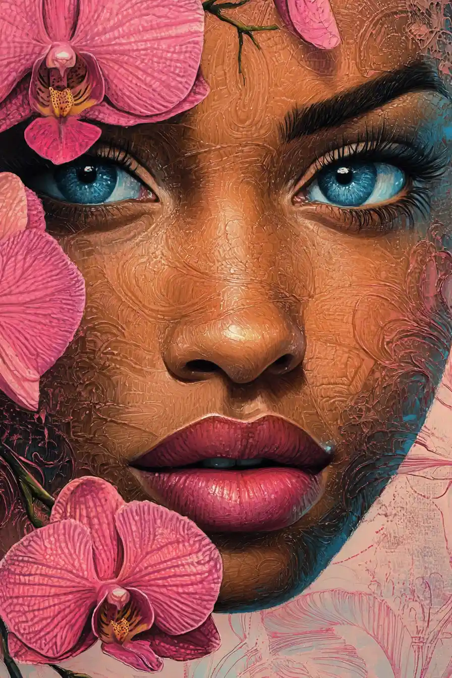 Surreal portrait of a woman with blue eyes and orchid