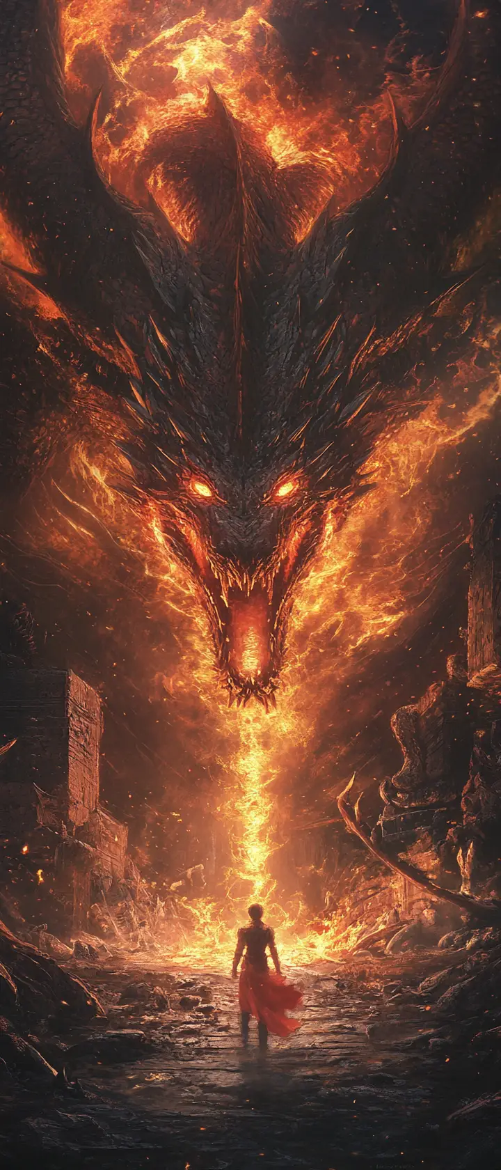 Crimson Dragon Breathing Fire In Ancient Stone Labyrinth