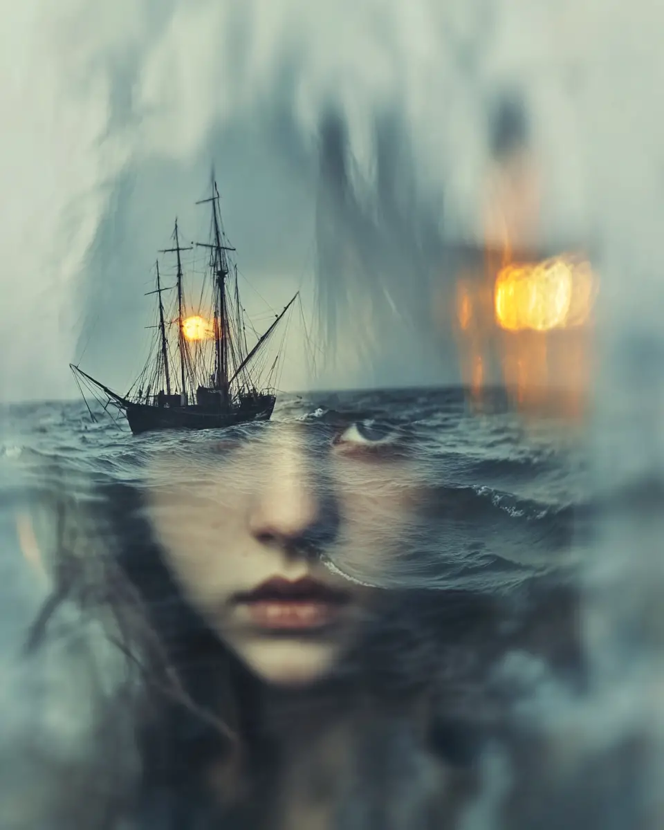 Double exposure of stormy sea lighthouse and vintage woman