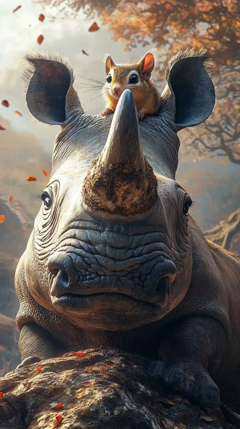 Cute rhino with chipmunk in colorful african landscape