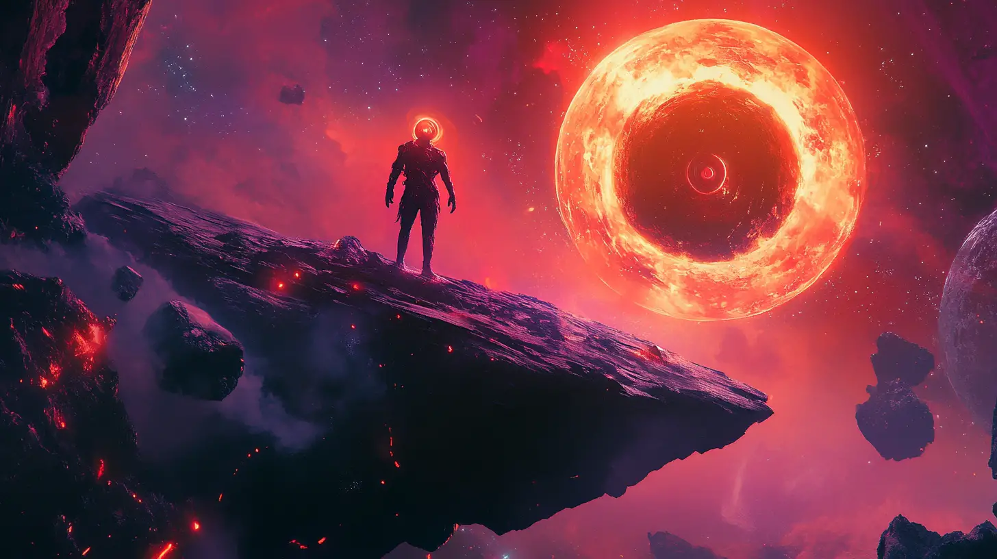 Alien traveler on floating rock amid surreal space worlds