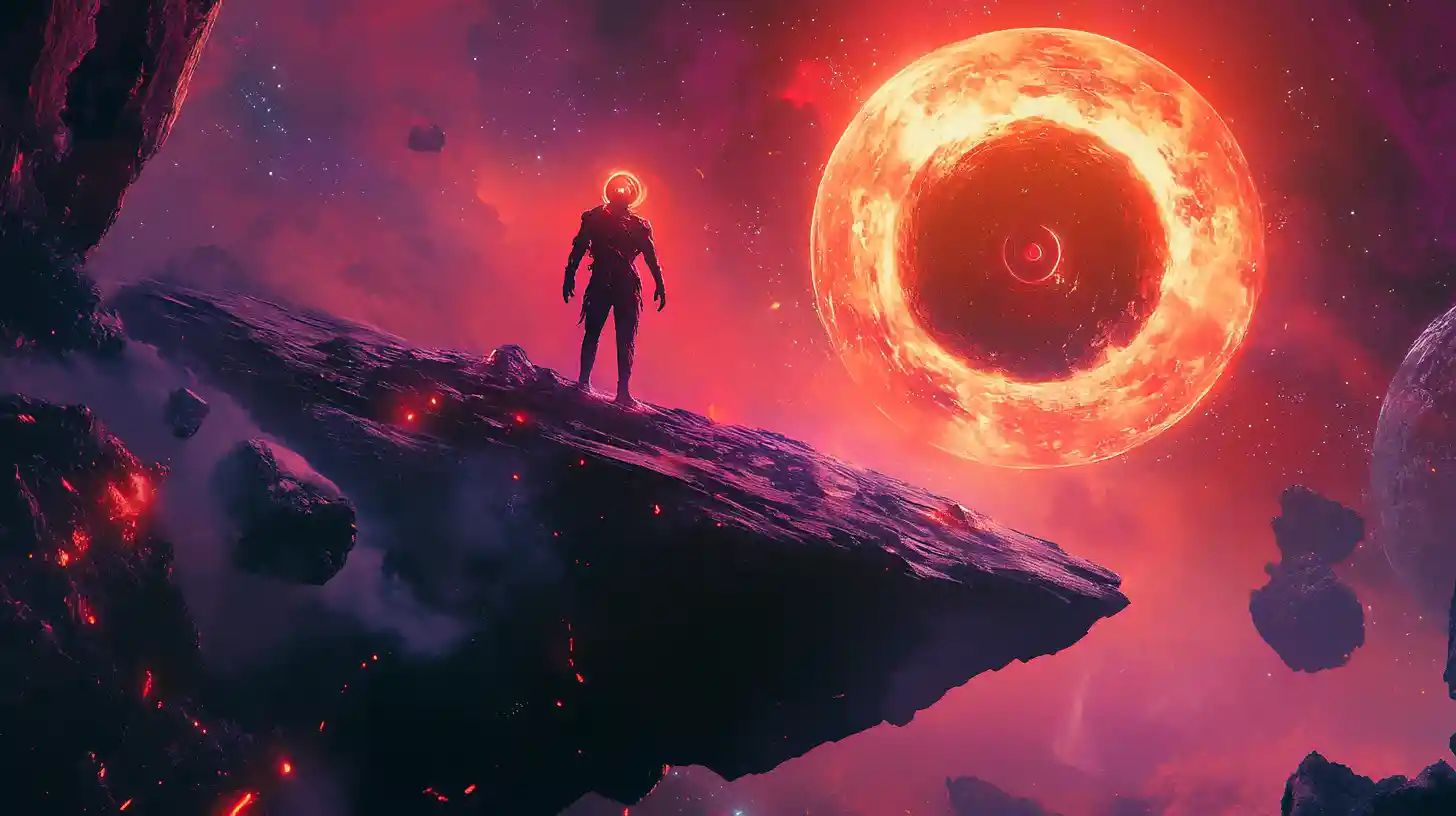 Alien-Reisender auf schwebendem Felsen in surrealen Welten des Weltraums