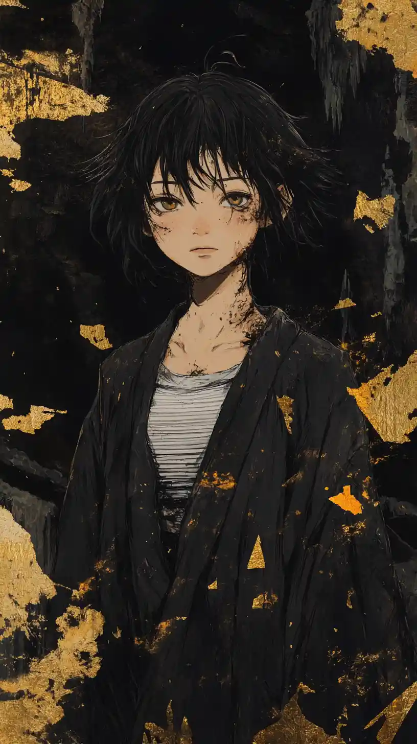Japanese sorceress girl in a dark post apocalyptic cave