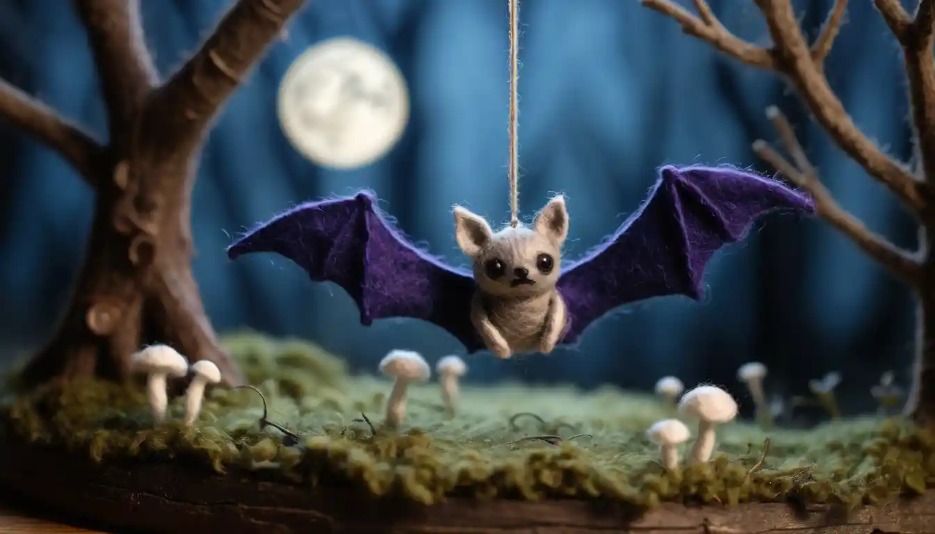 Felt Bat Hanging From Tiny Branch In Twilight Diorama