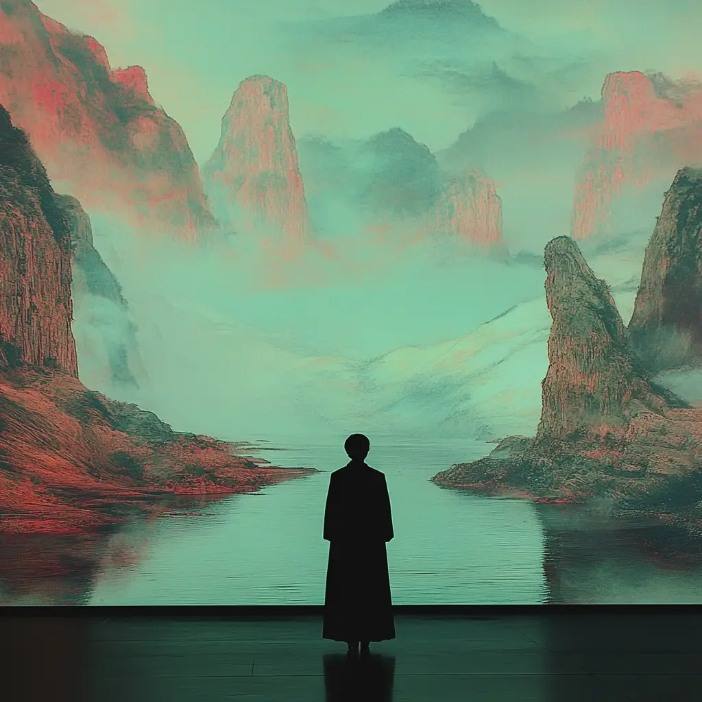 Dadaist minimalist collage of an alien fantasy landscape